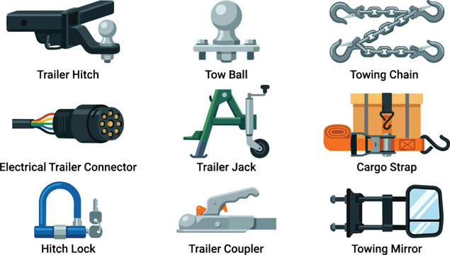 Collection of vector illustrations of trailer towing and cargo securing equipment for automotive and transport industries