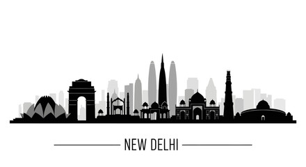 Obraz premium New Delhi Cityscape Silhouette - Iconic Landmarks, Monochrome