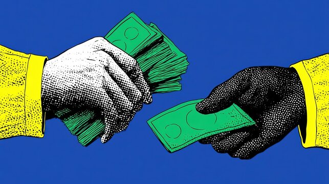 Bold halftone comic graphic of dual tone skin hands with yellow cuffs, one grasping stacked green banknotes and another holding single bill with round marks on deep blue background 
