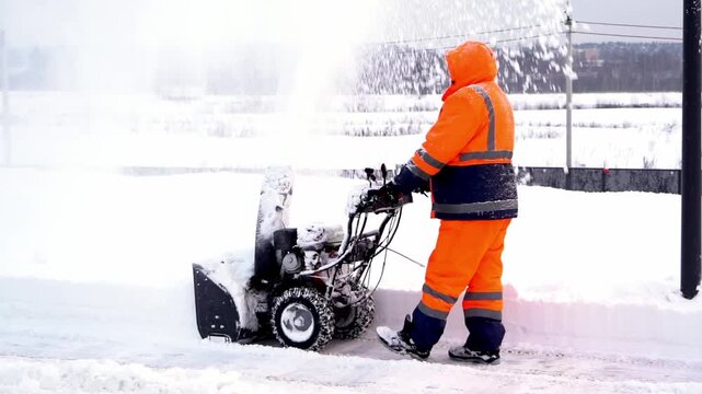 Snowplow operator clears snowy path. Bright orange suit contrasts with white snow. Worker pushes machine, directing snow forcefully. Cold weather demands hard work