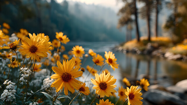 Sunflowers swaying in a field during golden hour, nature scene. gardening catalogs, home-decor guides, designed for home decor and floral branding and gardening and botanical catalogs.adulteration.