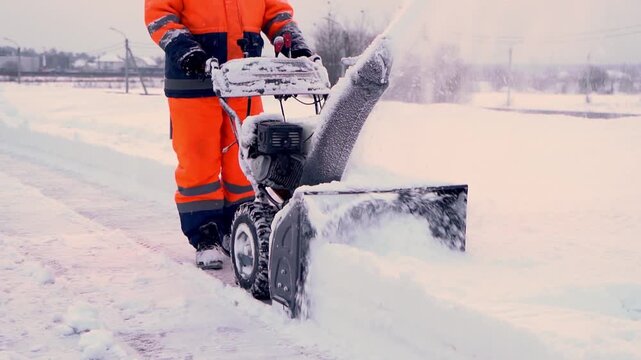 Worker clears snow with power blower. Snow flies as machine moves forward. Cold weather covers the road and trees. Worker wears bright orange safety gear. Scene shows winter road maintenance