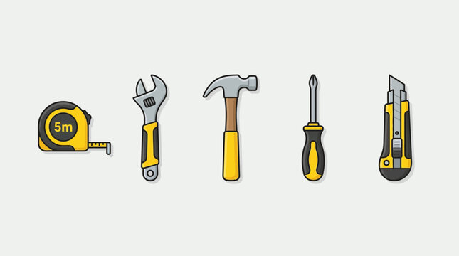Collection of Pixel Art Tools: Tape Measure, Wrench, Hammer, Screwdriver, Utility Knife