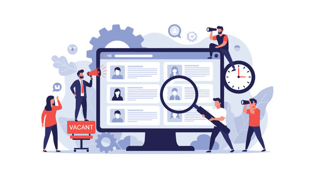 Collaborative recruitment team using a large computer screen to search and filter job candidates on a digital hr platform.