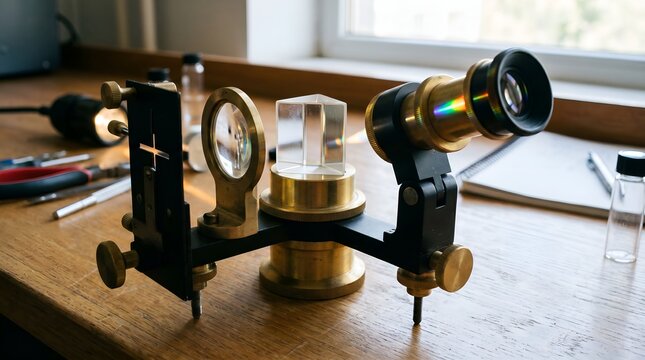 Vintage brass spectroscope instrument with glass prism on wooden laboratory table