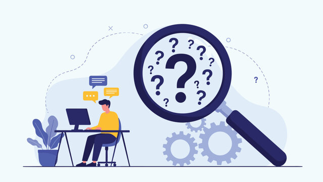 Office worker sitting at a desk and searching for information on a computer with a giant magnifying glass and question marks.