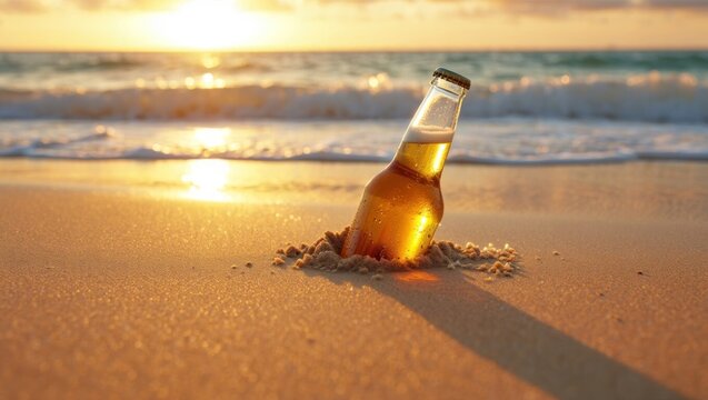 Cold Beer Bottle in Sand on Beach at Sunset - Summer Vacation Concept