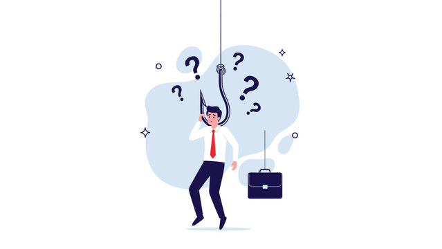 Worried businessman being caught on a giant fishing hook representing corporate traps or difficult professional situations.