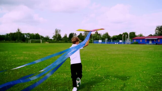 Child runs joyfully across green field with colorful kite. Kite dances in wind as child laughs, arms outstretched. Blue sky, distant trees, and playground buildings frame scene