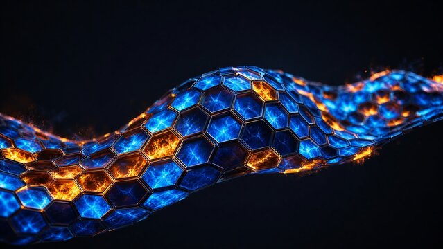 Modern fusion reactor or clean energy concept featuring a hexagonal grid filled with plasma and fire. High-contrast lighting and sharp geometric lines on a dark matte background