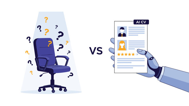 Comparison between traditional human recruitment for vacant office chair and artificial intelligence screening digital resumes for hiring.