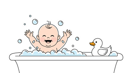 Naklejka premium Happy baby laughing and splashing in bathtub filled with soap bubbles and floating yellow rubber duck for hygiene and play.