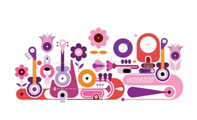 Fototapete Abstraktion Kunst Music And Flowers vector illustration. Modern flat style design with musical instruments and flowers isolated on a white background.  ©  danjazzia