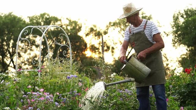 Gentle gardener waters blooming flowers at golden hour. Soft light bathes green plants and ornate garden arch. Man wears straw hat and apron while tending his patch