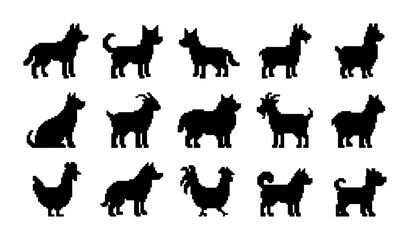 Naklejka premium Farm Animal Silhouettes Collection, 15 Vector Icons for Livestock and Pets, Simple Black Graphics for Rural and Agricultural Themes