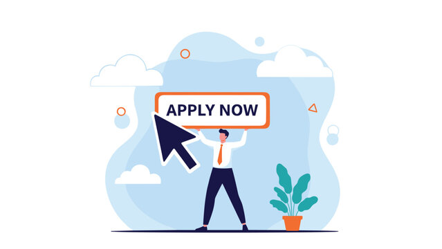 Professional businessman standing with briefcase holding large apply now sign above head to attract new talent for job opportunities.