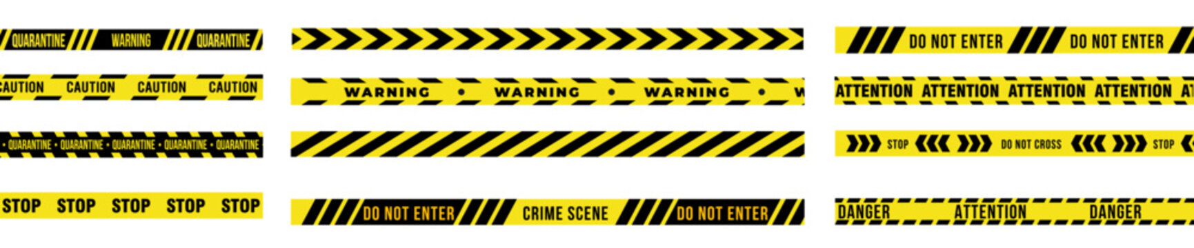 Set of yellow and black caution tapes with warning signs for crime scene or construction sites.
