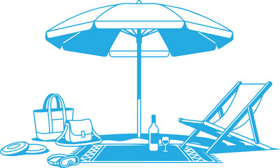 Summer beach relaxation scene with parasol umbrella lounge chair towel and picnic accessories in a minimalist blue line art style vacation umbrella relaxation tropical © manosh