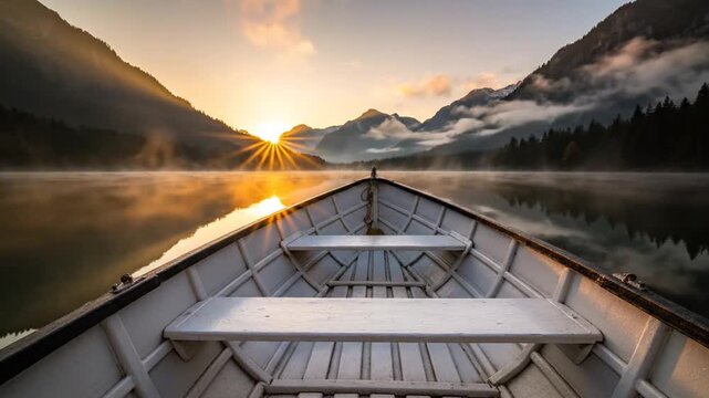 Point of view from inside a white wooden rowboat on a calm mountain lake at sunrise with golden sun rays, mist rising from the water, and coniferous forest reflections in the mirror.