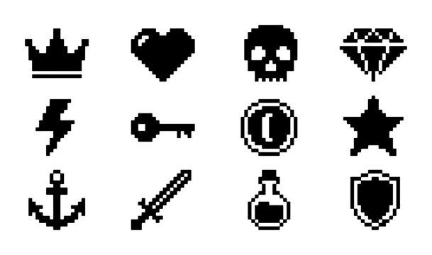 Retro Pixel Art Icons Set: Crown, Heart, Skull, Diamond, Lightning, Key, Coin, Star, Anchor, Sword, Potion, Shield for Game Design and UI Elements
