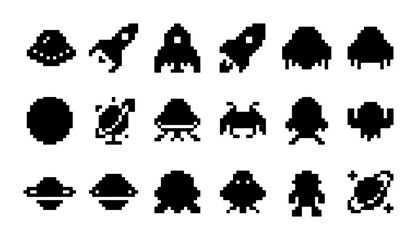 Retro Pixel Art Space Icons Set, Vintage Sci-Fi Alien and UFO Vector Graphics, Retro Gaming UFO and Rocket Ship Symbols Collection © PixelArtBox