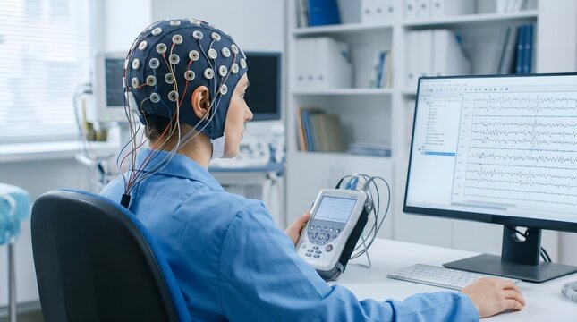 Scientist using neural stimulation electrode cap and analyzing EEG brain data