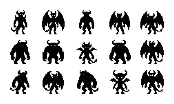 Monsters Vector Icons Set, Silhouette Demon Characters, Fantasy Creatures Collection, Black and White Graphic Elements