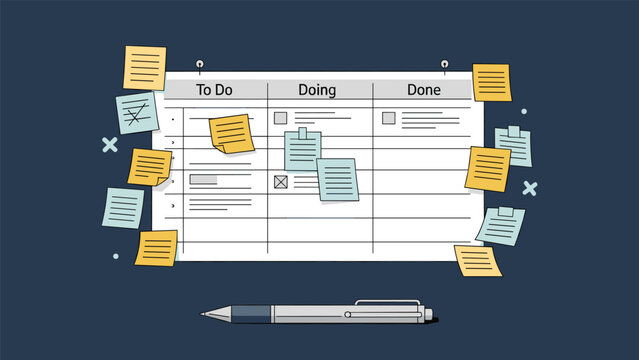 Kanban project management board with To Do Doing and Done columns covered in colorful sticky notes to organize business tasks.