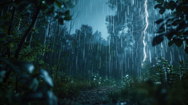 Forest thunderstorm lightning bolt with wet foliage Canon EOS R5