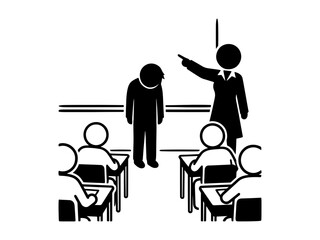 Fototapeta premium A minimalist black and white pictogram showing a teacher disciplining a student in a classroom setting, representing school punishment and social pressure.