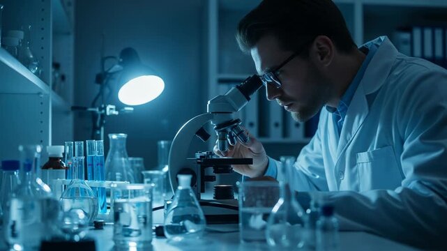 Scientist looking through a microscope in a laboratory setting