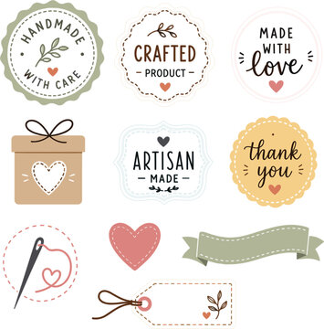 Artisan craft elements including handmade labels, gift boxes, and sewing needles are arranged as a collection of cute stickers perfect for custom branding or decorative scrapbooking projects today.