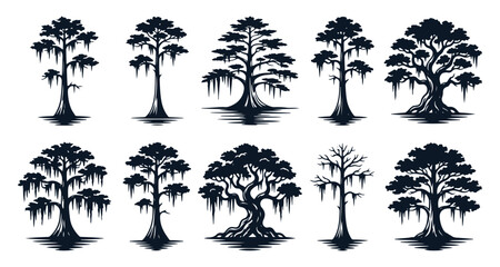 Southern Swamp Cypress and Mossy Live Oak Tree Silhouette Vector Collection © ghaffar