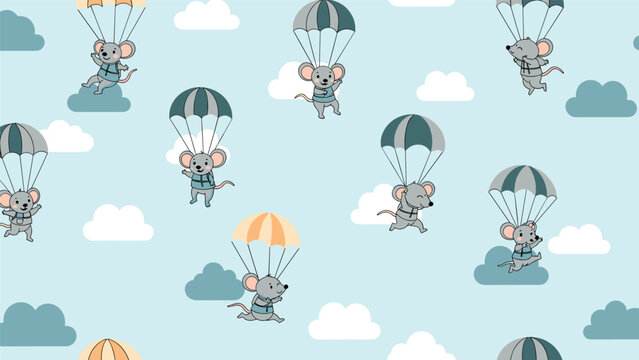 Cute pattern of little mice wearing blue vests and parachuting through a sky filled with white and blue clouds for nursery wallpaper.