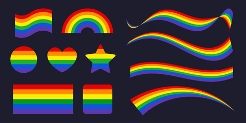 LGBT rainbow flag set. Gay pride month symbols set. Heart, rainbow, star etc. Stickers for pride month celebration. Vector illustration