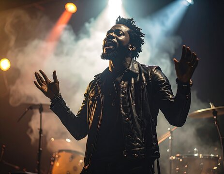 Passionate Black Male Singer Performing on Smoky Stage Under Dramatic Concert Lights