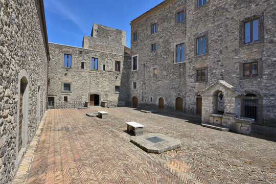 Castello di Melfi courtyard ancient stone architecture. Melfi, Basilicata, Italy