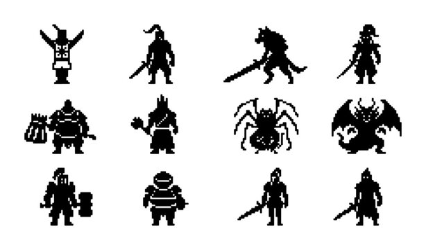 Pixel Art Fantasy Characters Vector Set, Medieval Warriors, Monsters, and Mythical Creatures Icons for Game Design and Fantasy Art