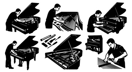 Piano Tuning and Repair Set, Vintage Musician Maintenance Icons, Black and White Vector Illustrations for Music Industry Graphics © Shawon