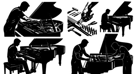 Piano Repair and Tuning Set, Musician Tuning Grand Piano, Craftsmanship Vector Icons, Musical Instrument Maintenance Collection © Shawon