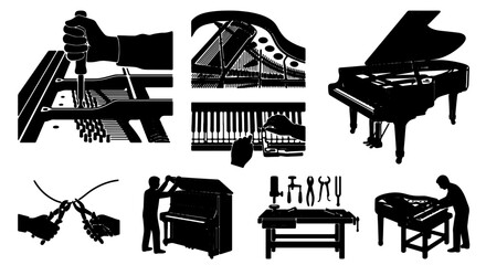 Piano Repair and Maintenance Icons, Musical Instrument Service Set, Vintage Keyboard Tuning and Restoration Graphics © Shawon