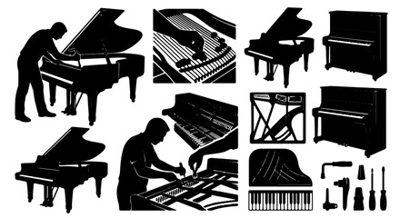 Piano Silhouette Collection: Grand, Upright, and Tuning Mechanics, Musical Instrument Vector Graphics for Performance and Maintenance Concepts © Shawon