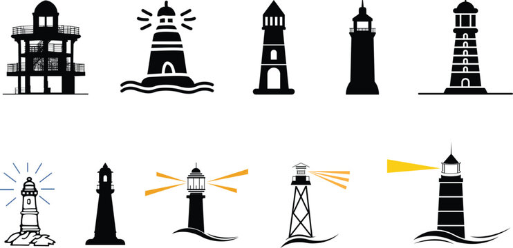 Lighthouse icon set, representing coastal navigation and maritime safety. nautical shore base coastal Ideal for sea travel, coastal design, tourism branding, apps, web interfaces, and infographics.