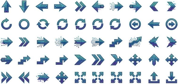 Cyberpunk Teal Purple Glitch Effect Arrow Icons Mega Set with Circuit and Digital Styles Vector Collection