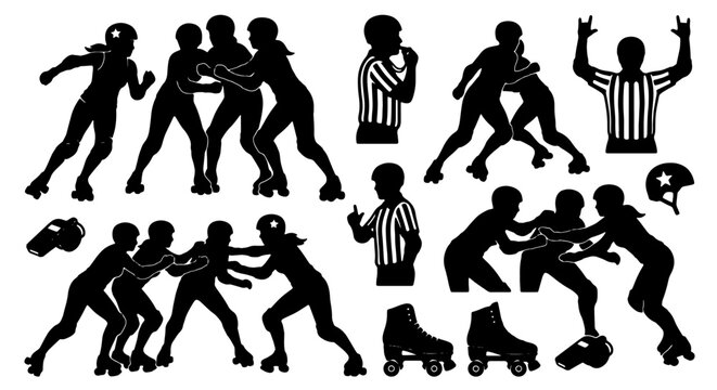 Roller Derby Silhouettes, Action Poses, Athletes, Referees, Skates, Helmets, Sports Icons, Vector Set for Athletic Design
