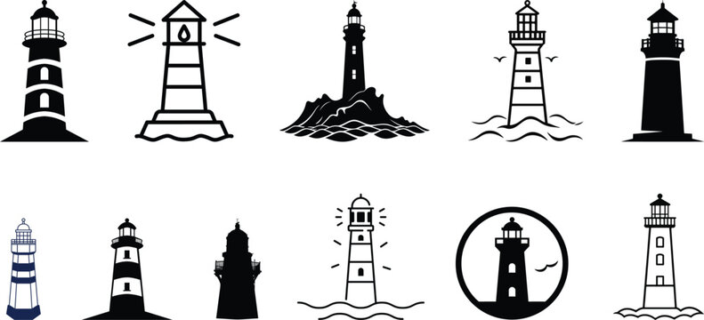 Lighthouse icon set, representing coastal navigation and maritime safety. nautical shore base coastal Ideal for sea travel, coastal design, tourism branding, apps, web interfaces, and infographics.
