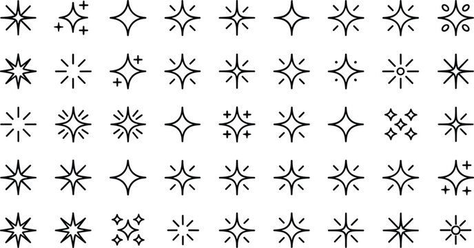 Elegant Black Outline Sparkle Star Burst and Glitter Icons Mega Collection on White Background Vector