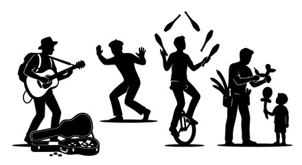Street Performer Silhouettes: Musician, Dancer, Juggler on Unicycle, Balloon Artist with Child, 4 Vector Icons for Performance and Entertainment Concepts © Faruq