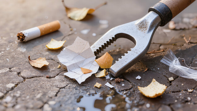 A metal grabber tool picking up litter including a cigarette butt, paper, and plastic on a paved street. Concept of environmental cleanup, urban waste management, and recycling