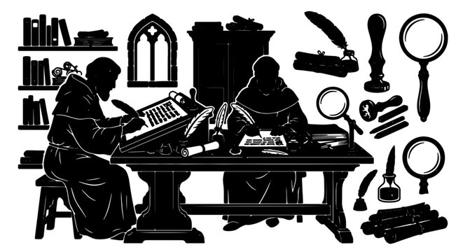 Medieval Scribes Silhouette Set, Monks Writing and Studying in Monastery Library, Ancient Manuscript Tools, Gothic Window and Bookshelf Vector Icons
